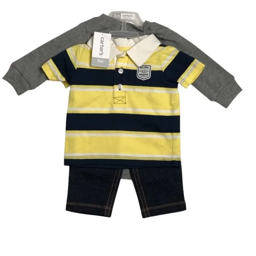 Carters Baby Boy 3 Pc Outfit Short Long Sleeve Shirts Jeans Super Handsome 9 M‎